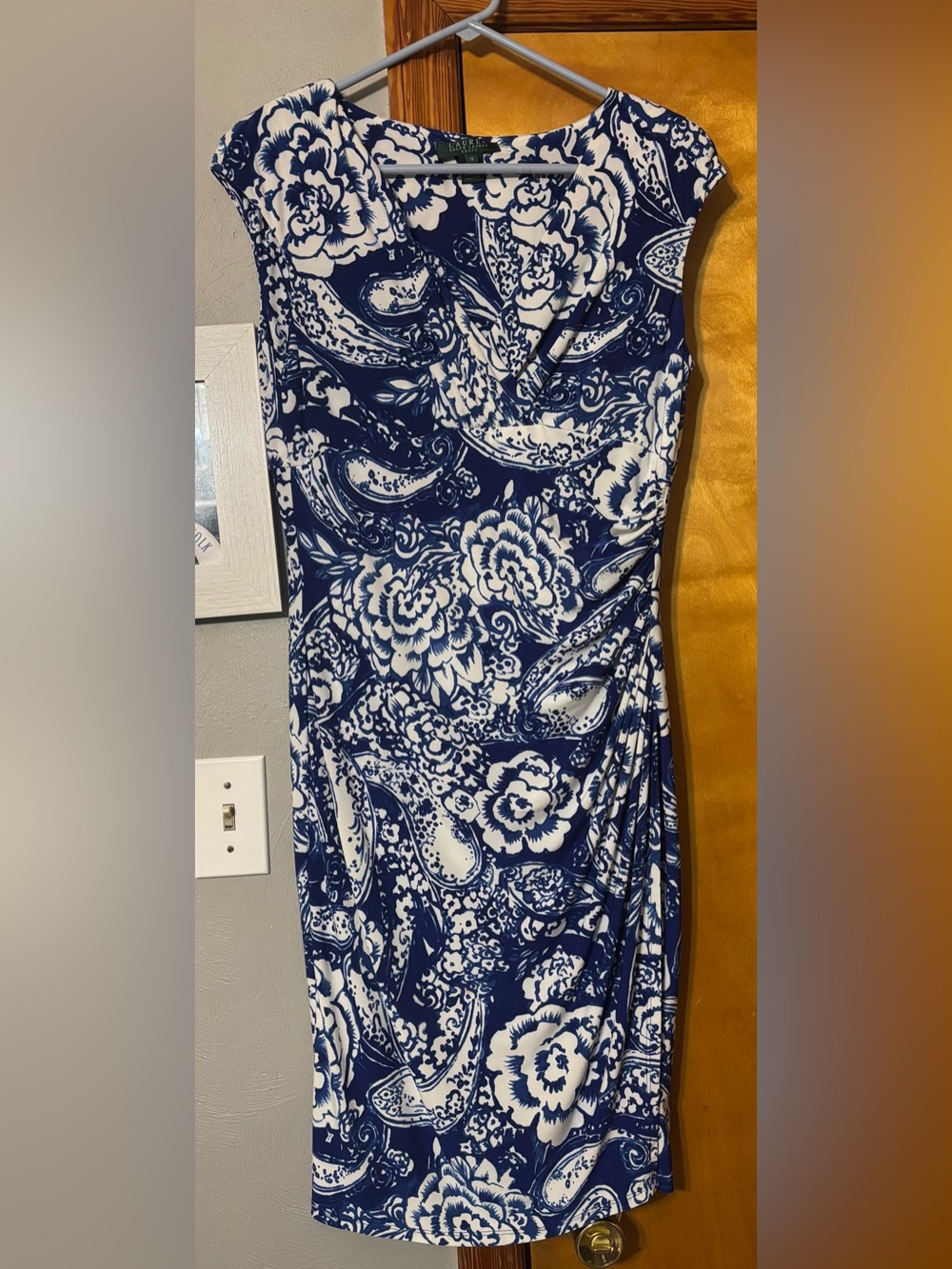 Ralph Lauren Navy Blue and White Asymmetrical Floral Paisley Dress